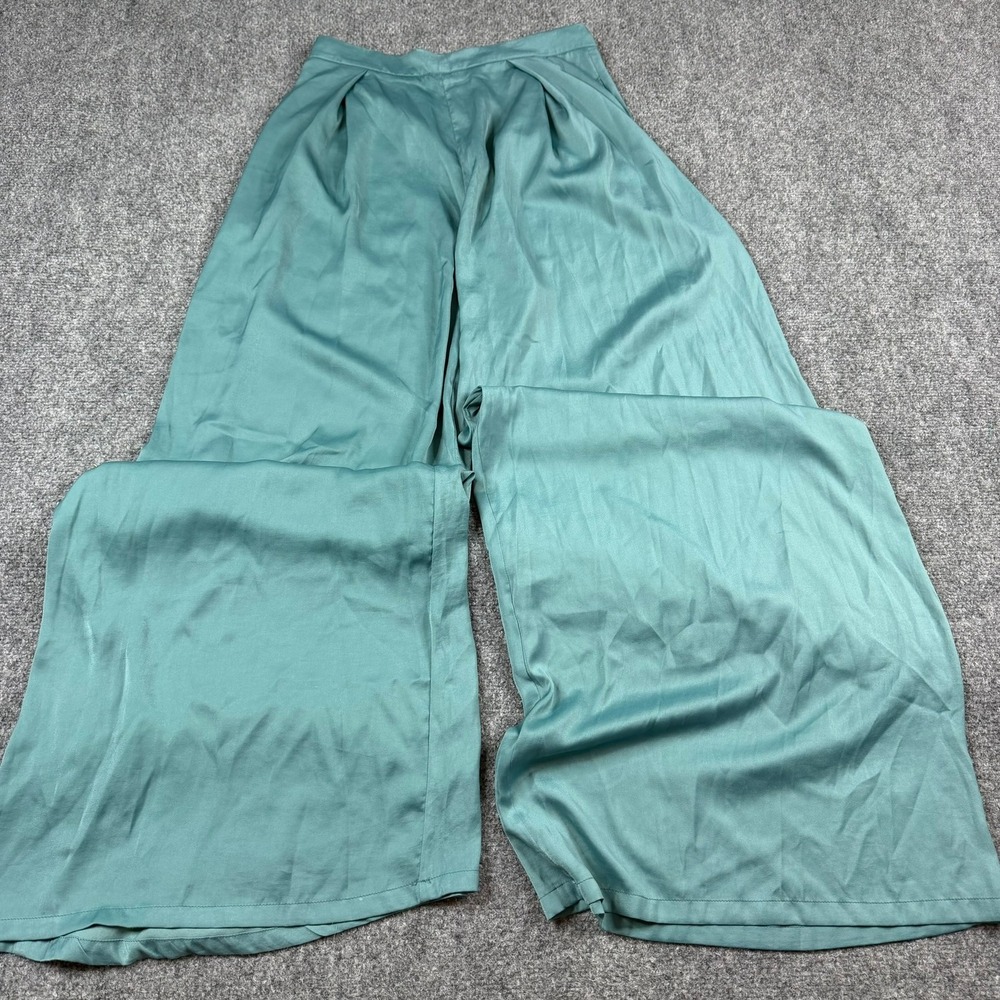 Hello Molly Wide Leg Pants Women Medium Sage Green Satin Pleated High Rise Pants